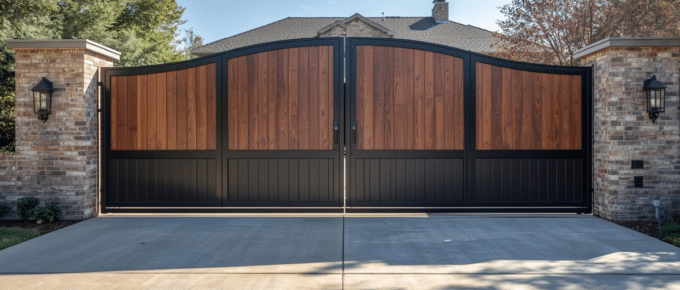 Automatic driveway gate installation in DFW with wood and metal design