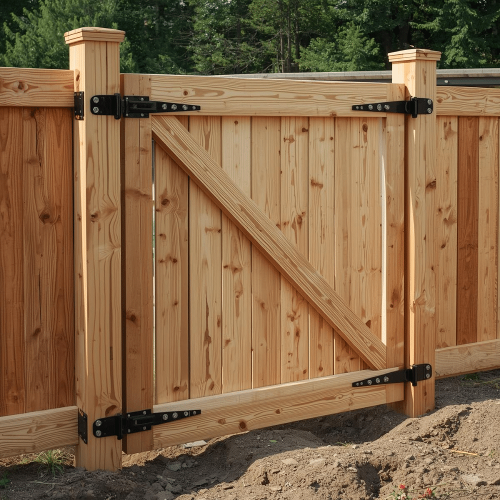 Custom walk gate framing with diagonal bracing and heavy-duty hinges