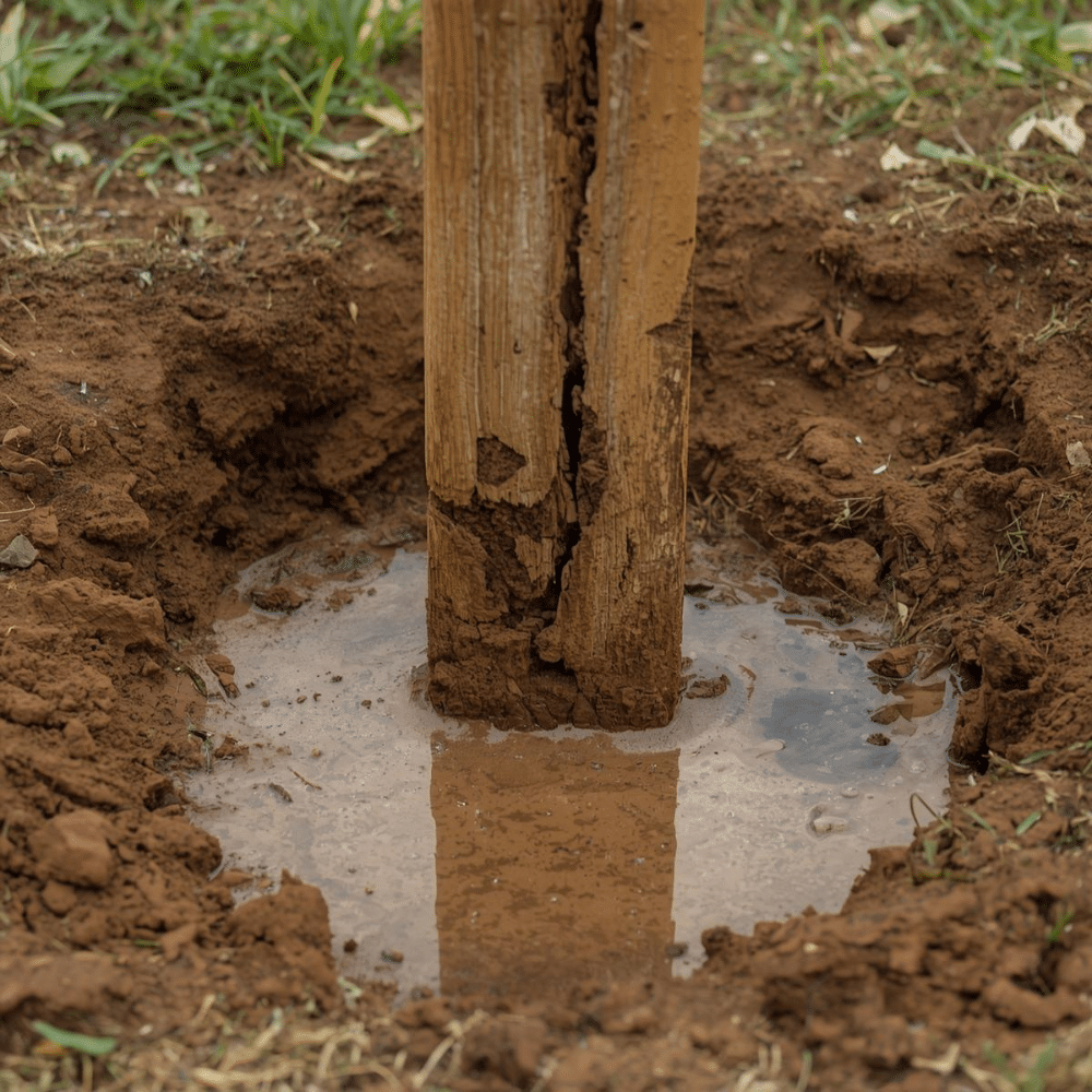 Fence post loosened by rain and clay soil after North Texas storm