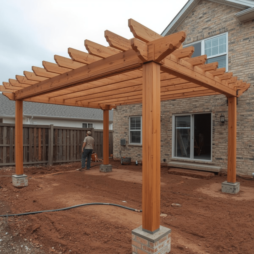 Pergola over patio in North Texas backyard providing shade