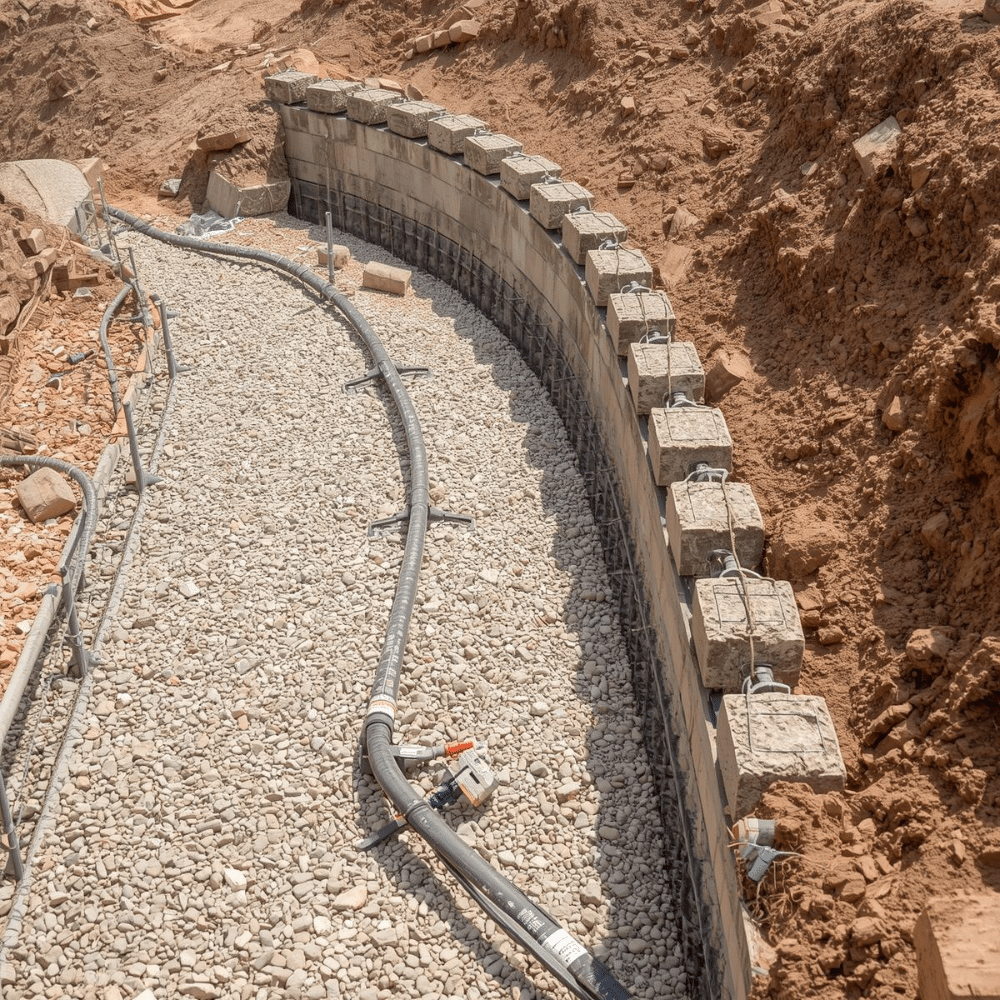 Retaining wall construction in North Texas with drainage and gravel base