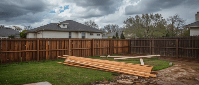 Storm damaged fence in DFW backyard after heavy wind and rain